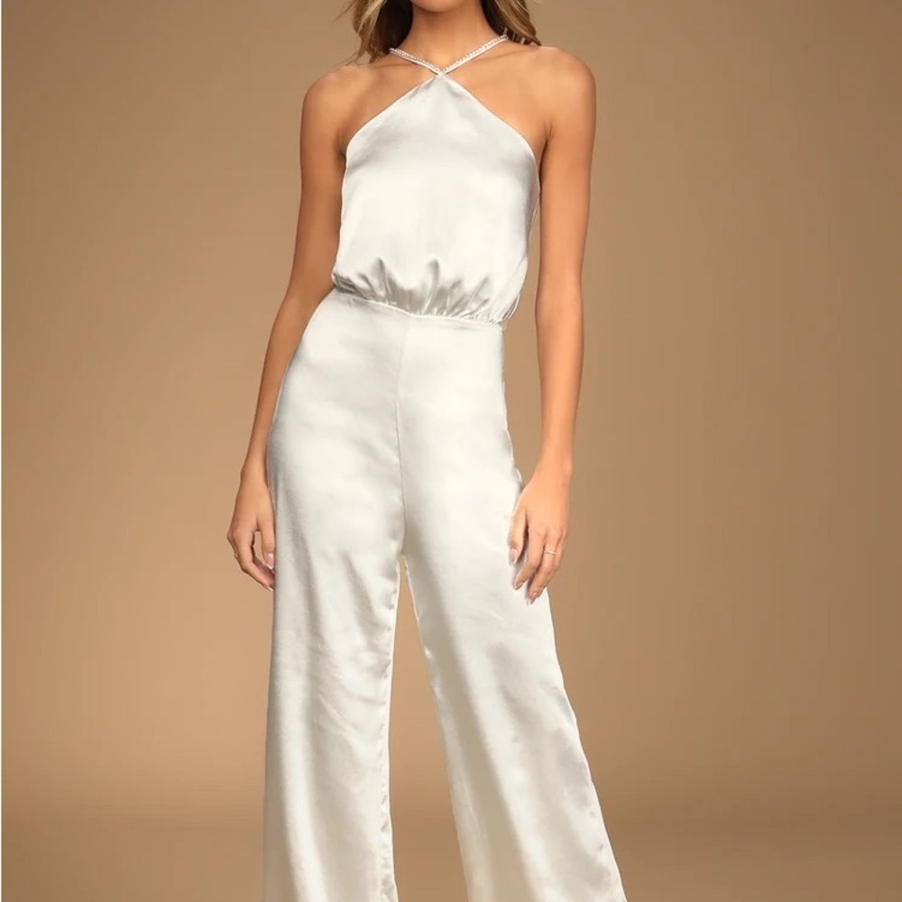 Dose of Romance Ivory Satin Halter Wide-Leg Jumpsuit